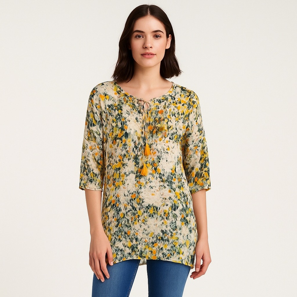 Tolani Silk Tunic Blouse Womens Size Small Floral Tassel Neck 00%Silk Boho Top